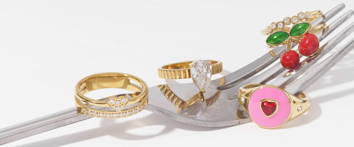 Gold-plated cherry heart jewelry rings with red enamel and diamonds - trendy everyday wear and sweet gift option